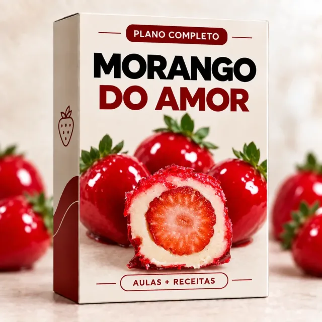 Caixa do material VIP Morango do Amor, com morangos caramelizados vermelhos