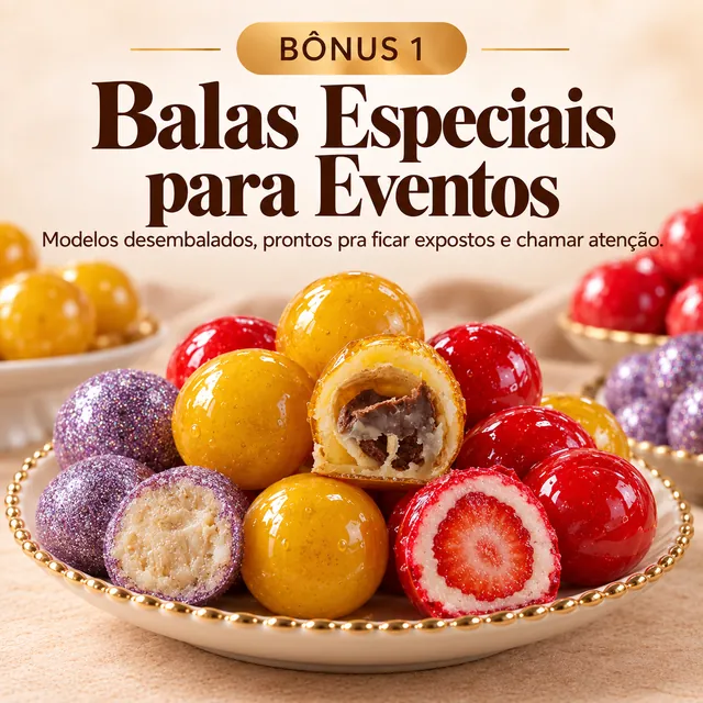 Bônus 1, Balas Especiais para Eventos: balas coloridas e glitter em um prato, prontas para chamar atenção