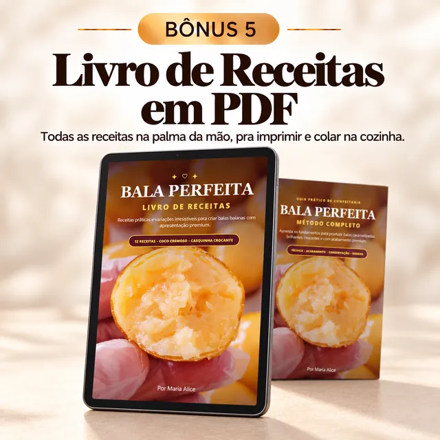 Bônus 5, Livro de Receitas em PDF: tablet e livro impresso com a capa Bala Perfeita, por Maria Alice