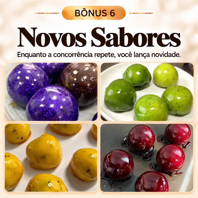 Bônus 6, Novos Sabores: balas roxas, verdes, amarelas e vermelhas, em quatro fotos