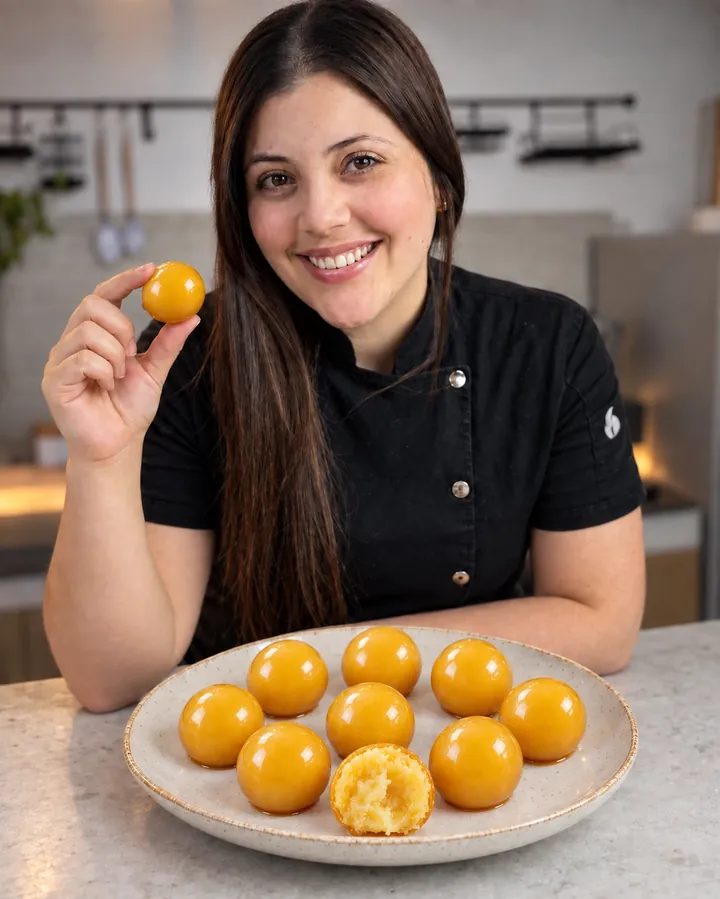 Maria Alice, confeiteira e professora do curso, sorrindo e segurando uma bala caramelizada, com um prato de balas à frente